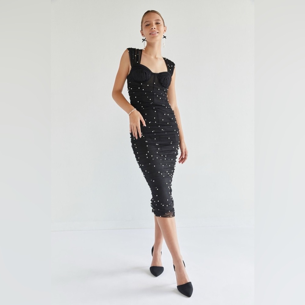 Francesca’s Kathy Ruched Pearl Embellished Midi Dress